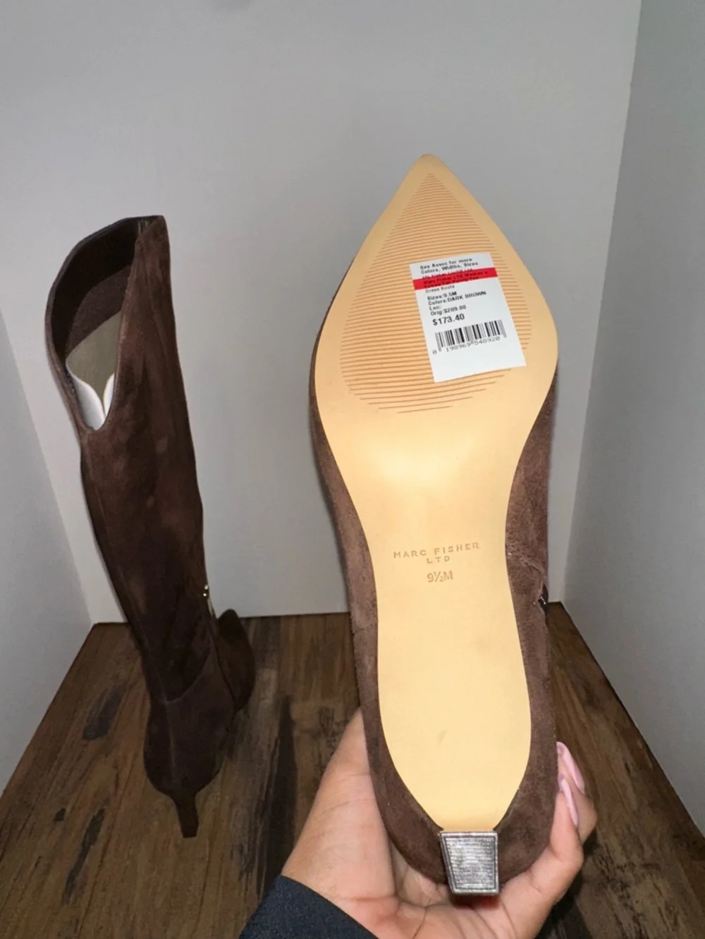Marc Fisher Women's Esmee Tall Pointy Toe Dress Boots dark brown suede 9.5 M - Picture 6 of 6